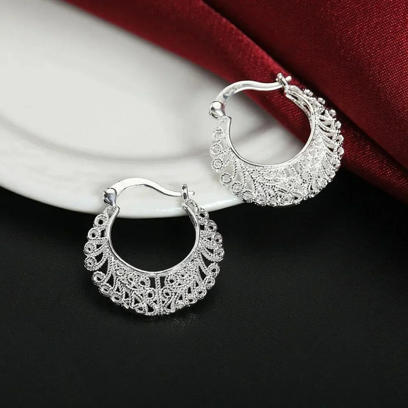 925 Sterling Silver Ornate Ethnic Hoop Earrings - Picture 1 of 6